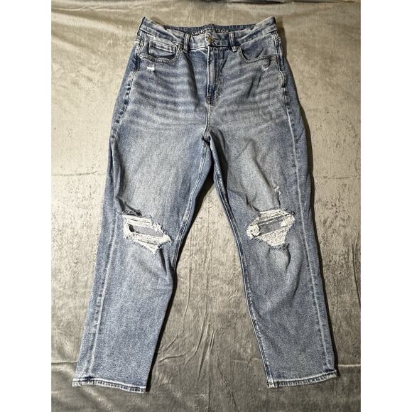 American Eagle Stretch‎ Mom Jeans Classic Blue High Rise Tapered Ankle 10 Short - Picture 1 of 12